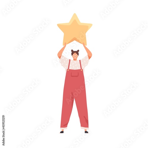 Tiny satisfied client giving feedback, holding golden star. Good rating, serv...
