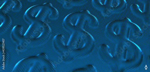 Dollar symbol extruded from dotted pattern. Generative computer art. 3d vector illustration. Can be used for business presentations or web design.