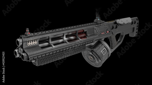 3D render of a tactical full-automatic triple-barreled shotgun