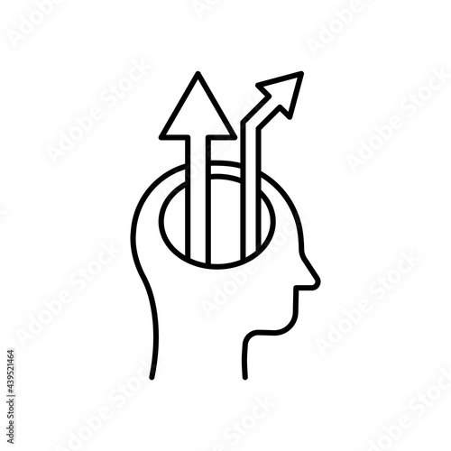 Open human head in profile icon. Creative mind. A arrows from the head. Business growth concept. Thoughts about perfection. Symbol sign for: illustration, logo, design, web dev ui, ux. Vector EPS 10