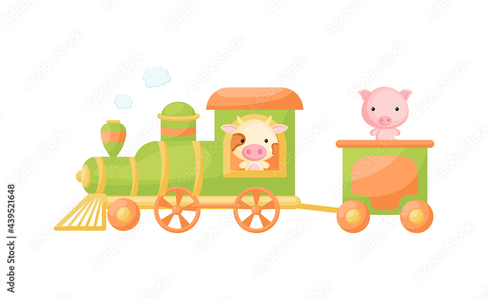 Cute cartoon green train with cow driver and pig on waggon on white background. Design for childrens book, greeting card, baby shower, party invitation, wall decor. Vector illustration.