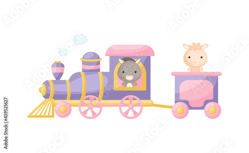 Cute cartoon violet train with donkey driver and alpaca on waggon on white background. Design for childrens book, greeting card, baby shower, party invitation, wall decor. Vector illustration.