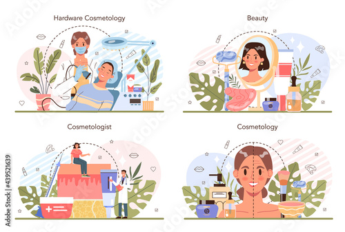 Cosmetologist concept set. Skin care procedure. Hardware cosmetology
