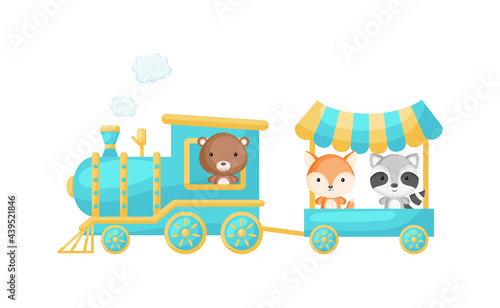 Cute cartoon turquoise train with bear driver and fox, raccoon on waggon on white background. Design for childrens book, greeting card, baby shower, party invitation, wall decor. Vector illustration.