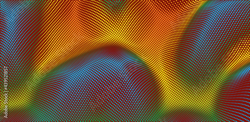 Background with convex forms. Grid surface. Vibrant trendy texture, with blending colors. 3d network design with particles. Can be used for advertising, marketing or presentation.