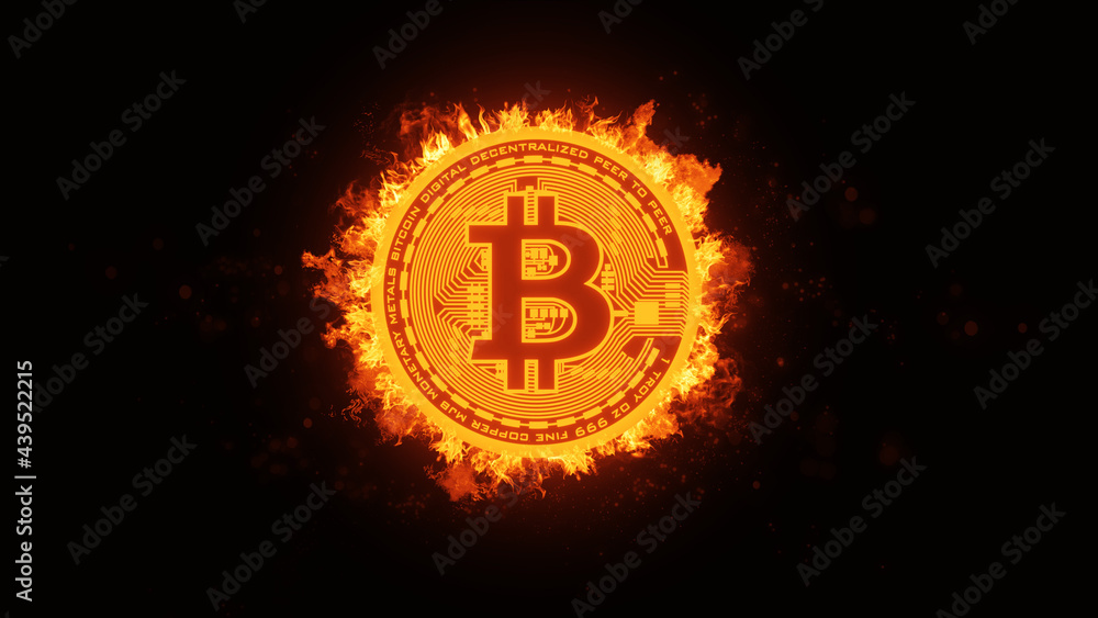 Naklejka premium Burning bitcoin isolated on black background.