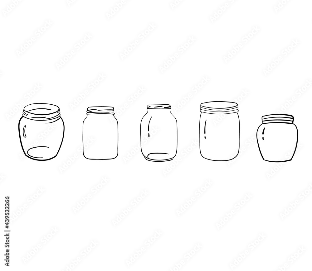 Glass empty mason jars without lids. Set transparent containers. Vector