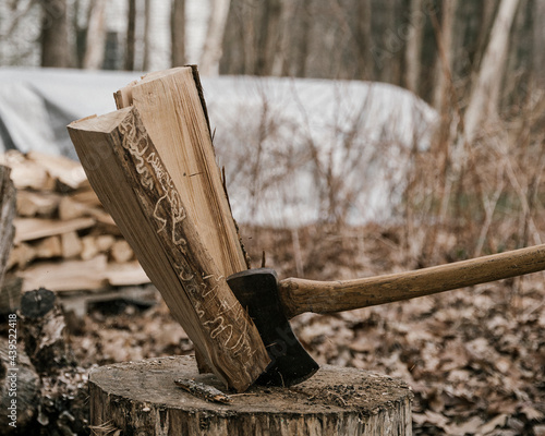 Action Shot of Chopping Wood photo