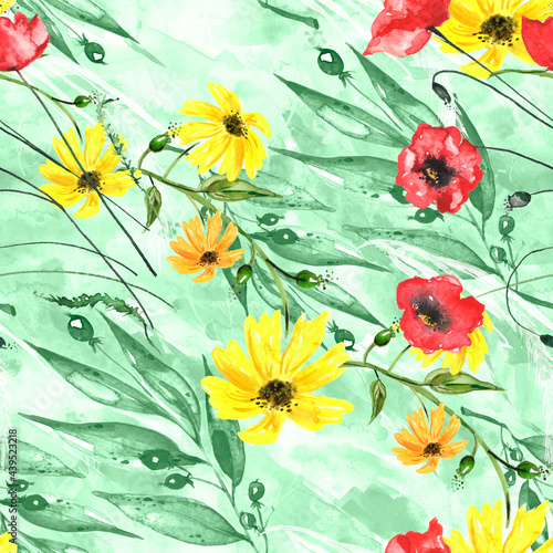 Watercolor seamless pattern. Branch with berry Watercolor background  drawing with autumn leaves  plants  berries  branches of linden. Spikelet  wheat  wild grass.Chamomile flower  calendula.  poppy 