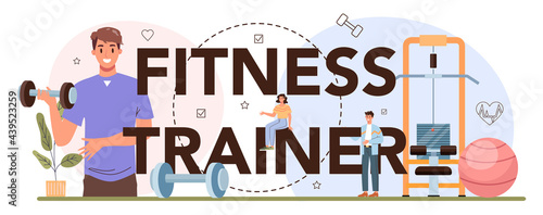 Fitness trainer typographic header. Workout in the gym with professional athlete