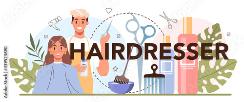 Hairdresser typographic header. Idea of hair care in salon. Scissors and brush,