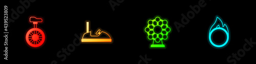 Set Unicycle or one wheel bicycle, Bumper car, Ferris and Circus fire hoop icon. Vector