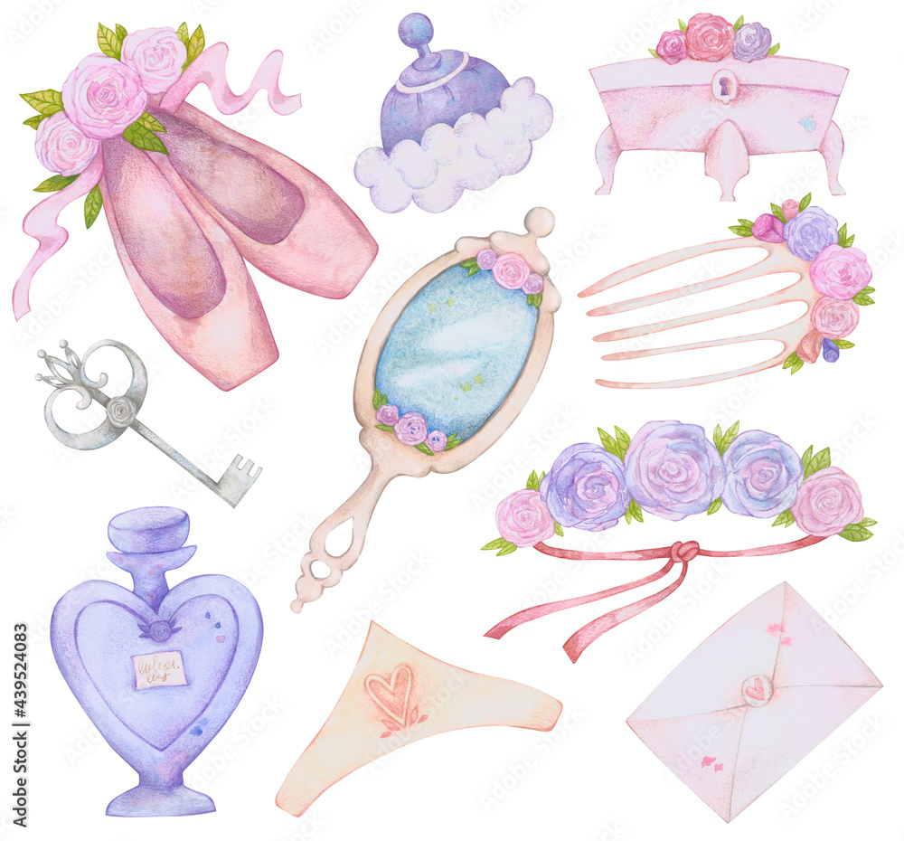 Set of cute watercolor ballerina accessories, isolated ballet theme design  elements. ballet pointe shoes, flowers wreaths, key, perfume, mirror,  letter (envelope), casket, comb, tiara, face powder Stock Illustration |  Adobe Stock
