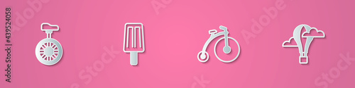 Set paper cut Unicycle or one wheel bicycle, Ice cream, Vintage and Hot air balloon icon. Paper art style. Vector