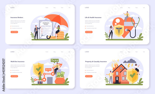 Insurance industry sector of the economy web banner or landing page set.