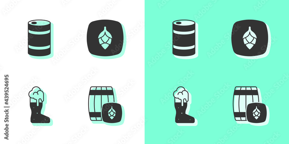 Set Wooden barrel, Metal beer keg, Boot glass and Hop icon. Vector Set Wooden barrel, Metal beer keg, Boot glass and Hop icon. Vector