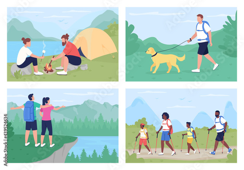 Leisure activity outdoors flat color vector illustration set. Walking on trails, resting in nature. Backpacker and camper 2D cartoon characters with panoramic countryside on background collection