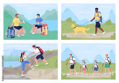 Trekkers in countryside flat color vector illustration set. Family exploring scenic trails. Different backpackers 2D cartoon characters with panoramic wilderness on background collection photo