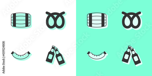 Set Beer bottle, Wooden barrel, Sausage and Pretzel icon. Vector