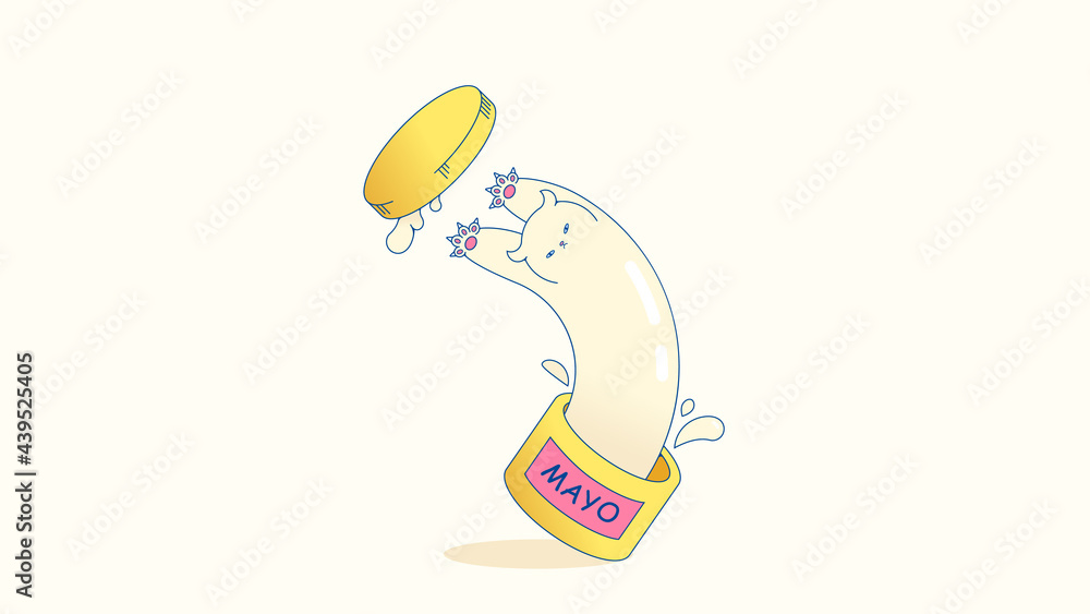 A white cat jumps out of a jar of mayonnaise. Illustration in jpeg format.
