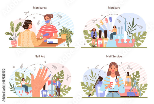 Manicurist service concept set. Beauty salon worker. Nail treatment