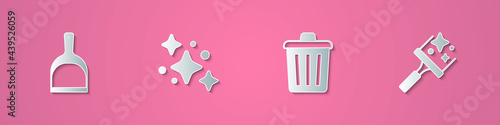 Set paper cut Dustpan, Home cleaning service, Trash can and Rubber cleaner for windows icon. Paper art style. Vector