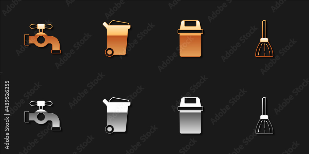 Set Water tap, Trash can, and Handle broom icon. Vector Set Water tap, Trash can, and Handle broom icon. Vector