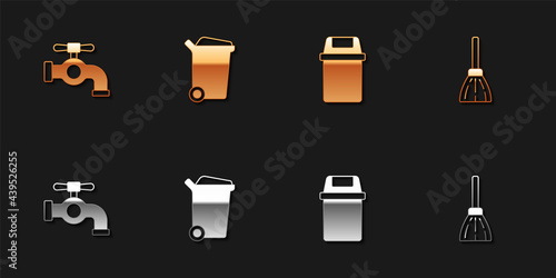 Set Water tap, Trash can, and Handle broom icon. Vector