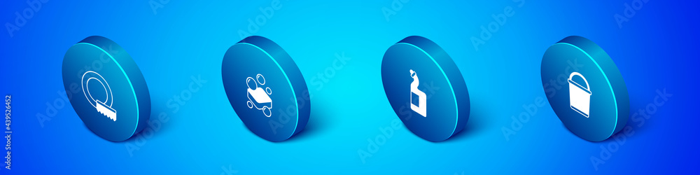 Set Isometric Washing dishes, Dishwashing liquid bottle, Bucket and Bar of soap icon. Vector Set Isometric Washing dishes, Dishwashing liquid bottle, Bucket and Bar of soap icon. Vector