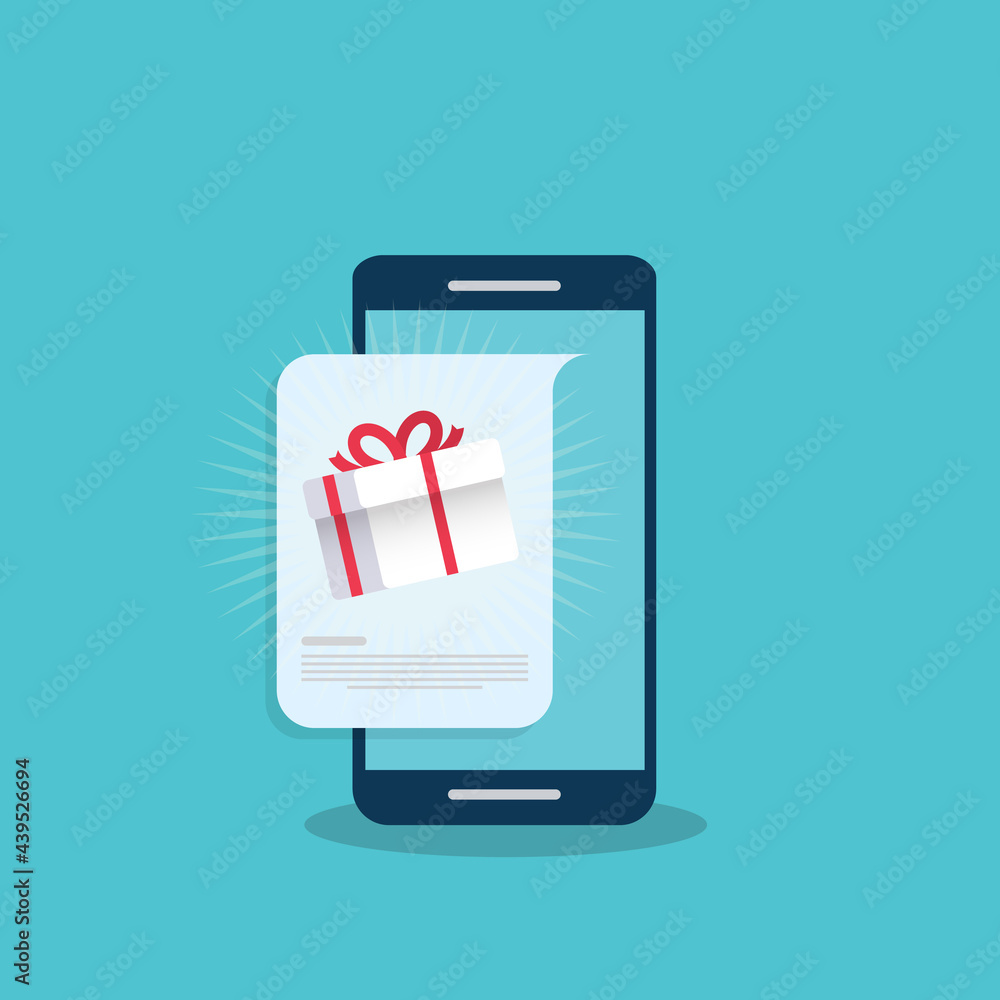Gift box on smartphone screen. Giveaway concept. Vector illustration Gift box on smartphone screen. Giveaway concept. Vector illustration