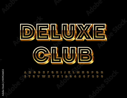 Vector rich banner Deluxe Club. 3D elegant Font. Shiny Black and Gold Alphabet Letters and Numbers set
