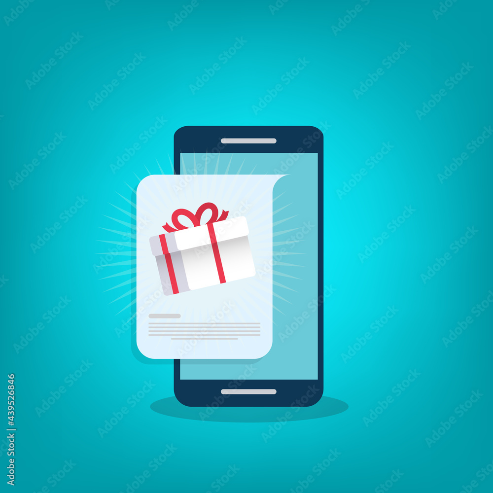 Gift box on smartphone screen. Giveaway concept. Vector illustration Gift box on smartphone screen. Giveaway concept. Vector illustration