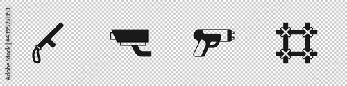Set Police rubber baton, Security camera, electric shocker and Prison window icon. Vector