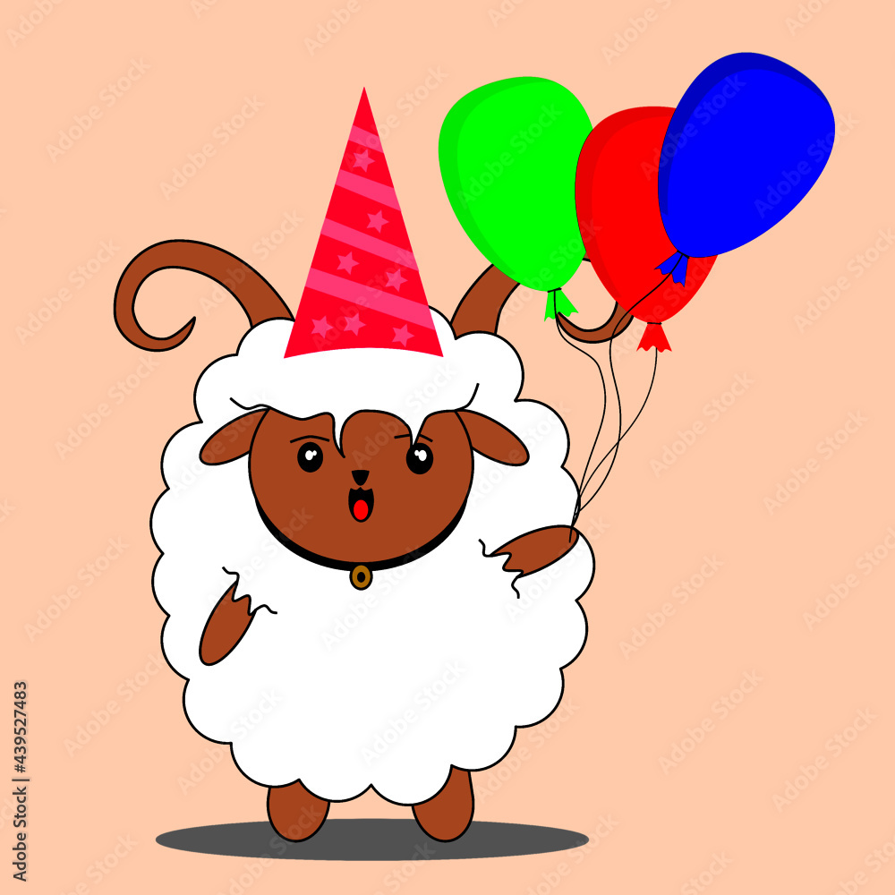 Fototapeta premium Birthday illustration of a cute sheep holding a balloon and wearing a pretty hat
