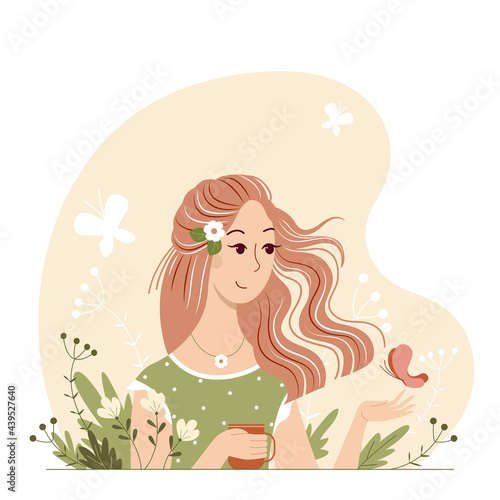 Nice young woman with a cup of coffee and the flower in her hair. Cute beautiful girl watching a butterfly and enjoys summer. 