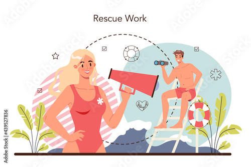 Lifeguard concept. Urgency rescuer help swimmers, surfers, and other water