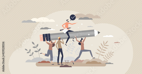 Creative teamwork and innovative project job development tiny person concept. Team power and corporate collaboration strength for high productivity ideas and efficiency marketing vector illustration. photo