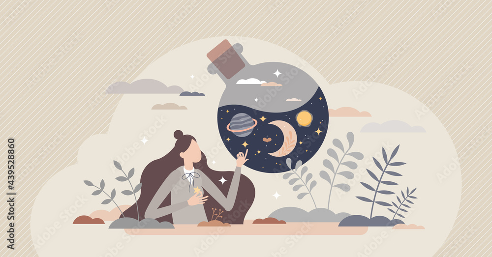 Aspiration for path direction exploration and find vision tiny person concept. Stars in bottle as future vision or look in fantasy to search for right answers vector illustration. Astronomy strategy.