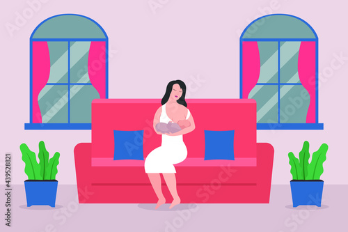 Breastfeeding vector concept: Young mother breastfeeding her baby while sitting on the sofa at home 