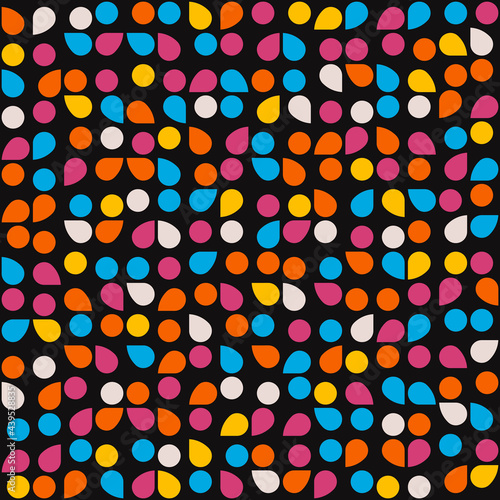 Colorful drops pattern. Vector dots and drops abstract ornament. Mosaic avant garde canvas. Decorative shapes make mosaic art.