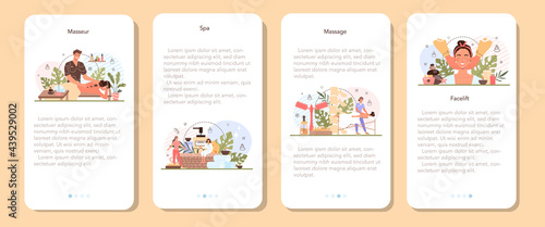 Masseur mobile application banner set. Spa procedure in beauty salon
