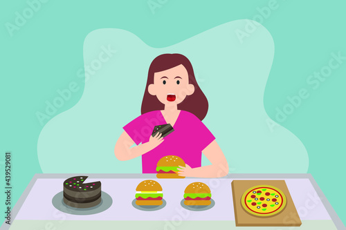 Overweight vector concept: Young woman eating many junk foods on the table 