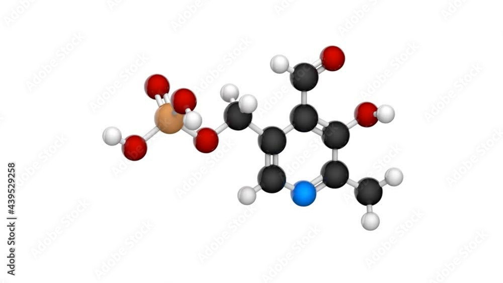 Molecular structure of Vitamin B6(Pyridoxal phosphate). 3D render. Seamless loop. Chemical structure model: Ball and Stick. White background. Molecular structure of Vitamin B6(Pyridoxal phosphate). 3D render. Seamless loop. Chemical structure model: Ball and Stick. White background.