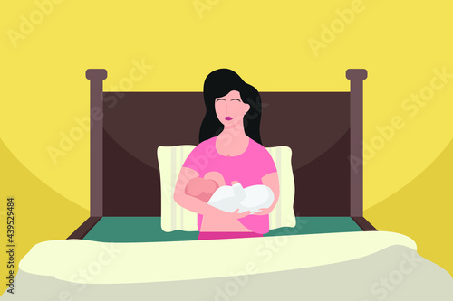 Breastfeeding vector concept: Happy mother breastfeeding her baby while sitting on the bed 