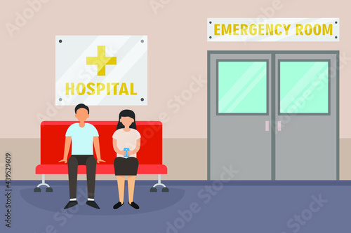 Emergency vector concept: Young man and woman waiting their family in emergency room while sitting on the chair