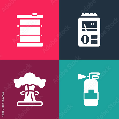 Set pop art Fire extinguisher, Nuclear explosion, Dosimeter and Radioactive waste barrel icon. Vector