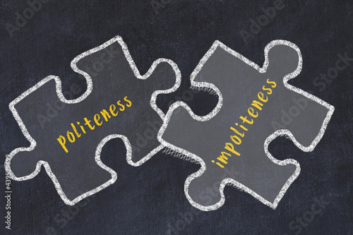Ploblem solving. Chalk sketch of two puzzles with words politeness and impoliteness