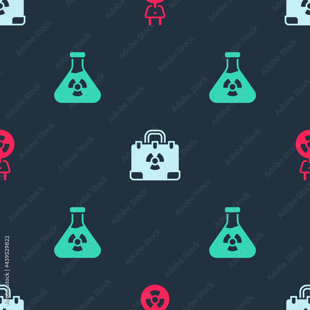 Set Radiation electrical plug, nuclear suitcase and Test tube radiation on seamless pattern. Vector Set Radiation electrical plug, nuclear suitcase and Test tube radiation on seamless pattern. Vector
