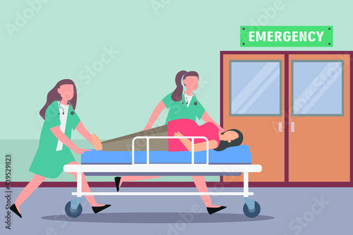 Emergency vector concept: Nurse team carrying pregnant woman to emergency room 