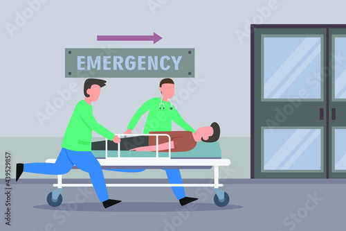 Emergency vector concept: Nurse team running for patient to emergency room while pushing the stretcher 